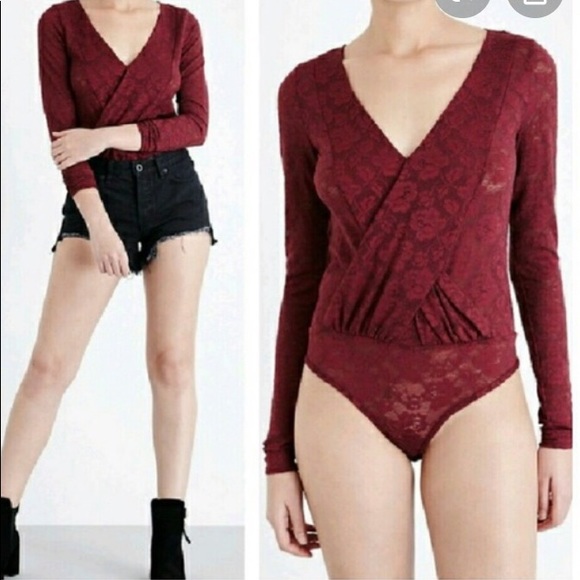 Free People long sleeve lace burgundy bodysuit, L - Picture 5 of 5